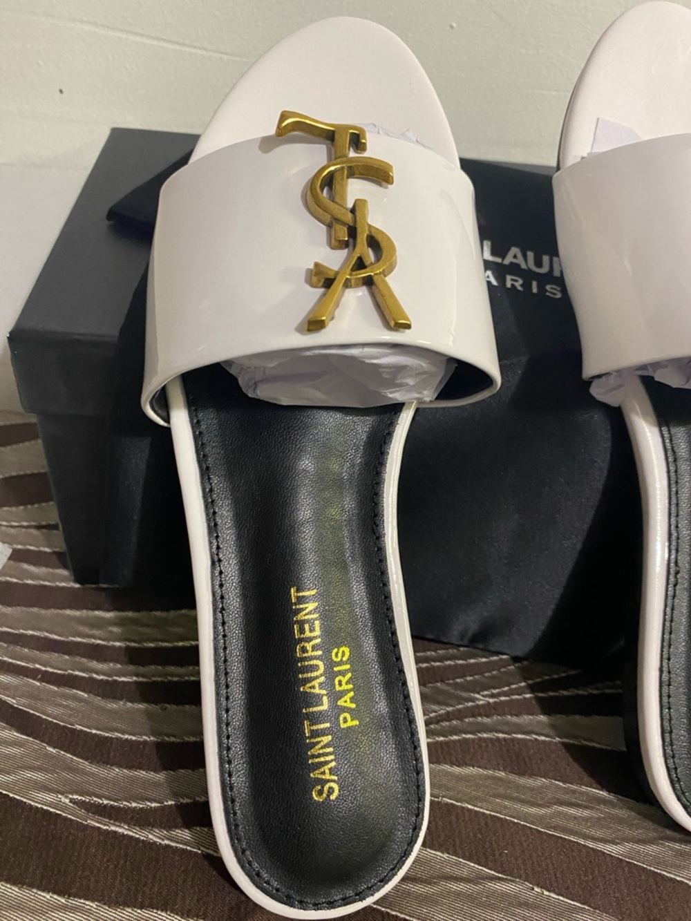 Saint Laurent White Patent Slide Mules with Gold YSL Emblem